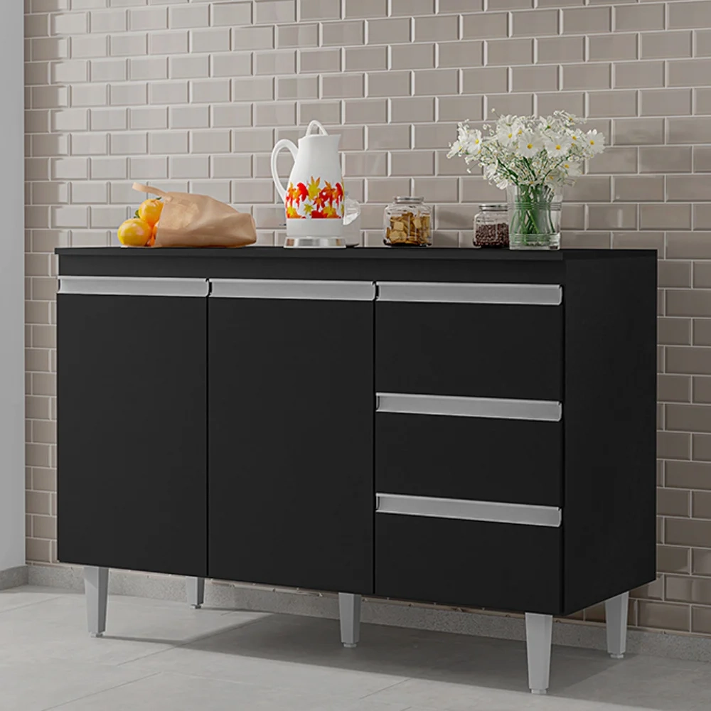 Armário Aéreo e Balcão Gabinete com Tampo 120cm Andréia Preto - AJL Móveis