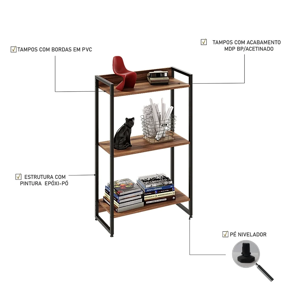 Estante Livreiro Dynamica Industrial 60cm 3 Prateleiras C08 Nogal - Mpozenato