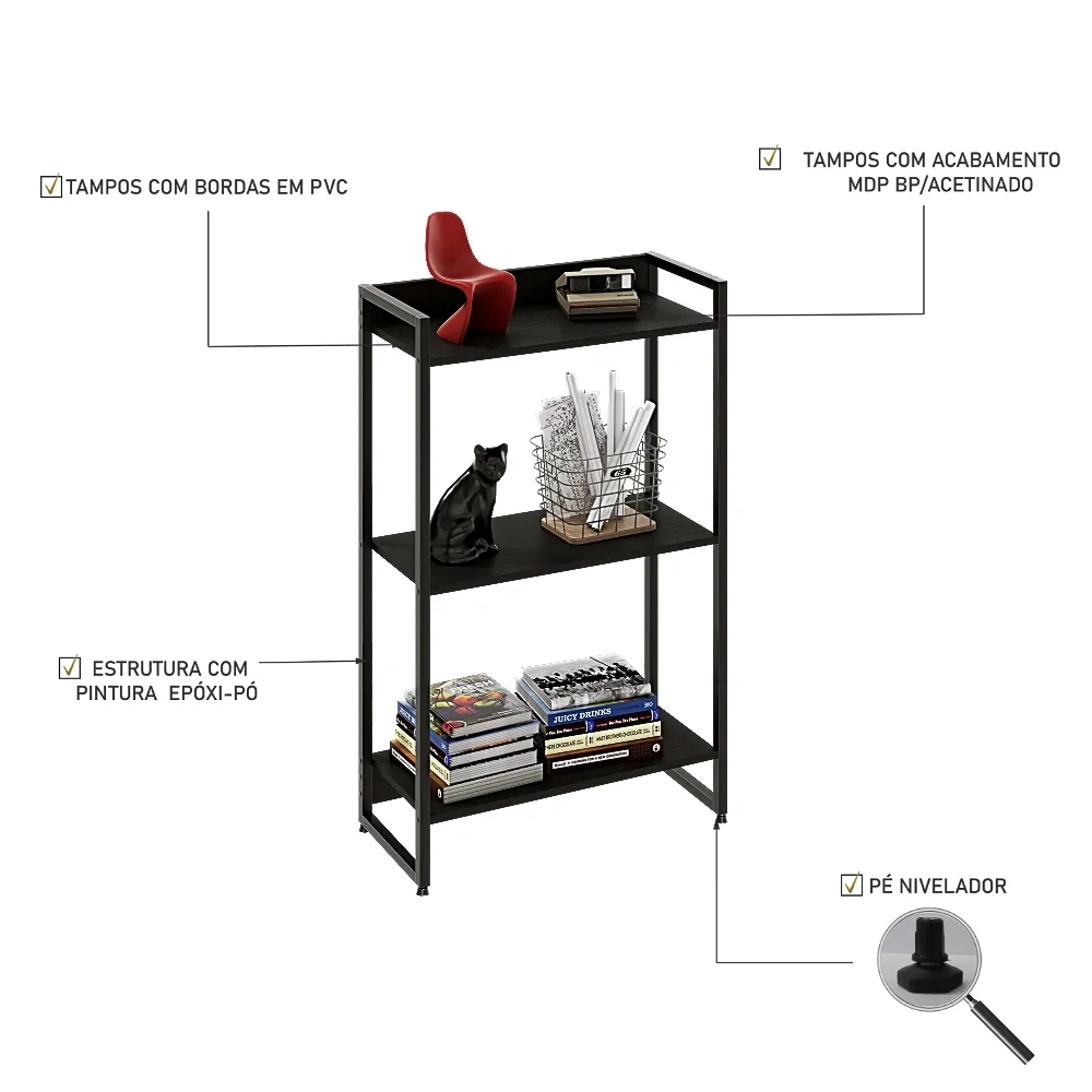 Estante Livreiro Dynamica Industrial 60cm 3 Prateleiras C08 Preto Ônix - Mpozenato