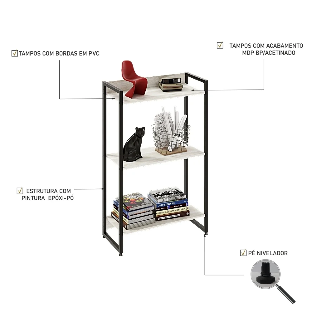 Estante Livreiro Dynamica Industrial 60cm 3 Prateleiras C08 Snow - Mpozenato