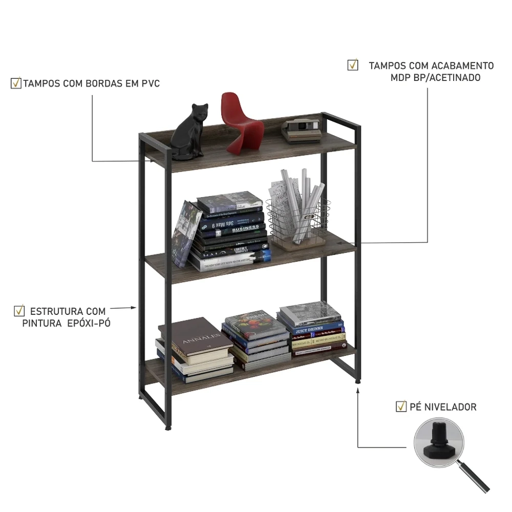 Estante Livreiro Dynamica Industrial 80cm 3 Prateleiras C08 Carvalho Dark - Mpozenato