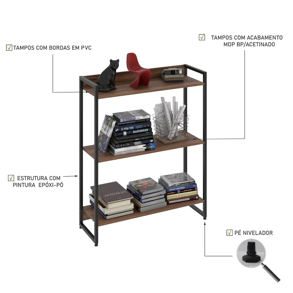 Estante Livreiro Dynamica Industrial 80cm 3 Prateleiras C08 Nogal - Mpozenato