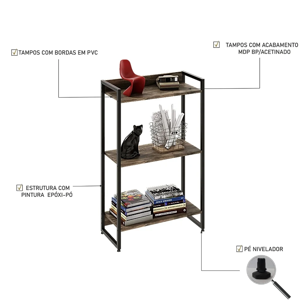 Estante Livreiro Dynamica Industrial 60cm 3 Prateleiras C08 Carvalho Dark - Mpozenato
