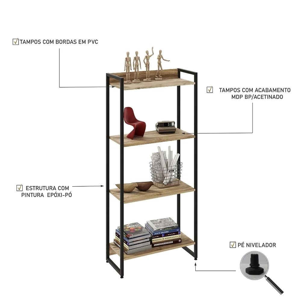 Estante Livreiro Dynamica Industrial 60cm 4 Prateleiras C08 Carvalho - Mpozenato
