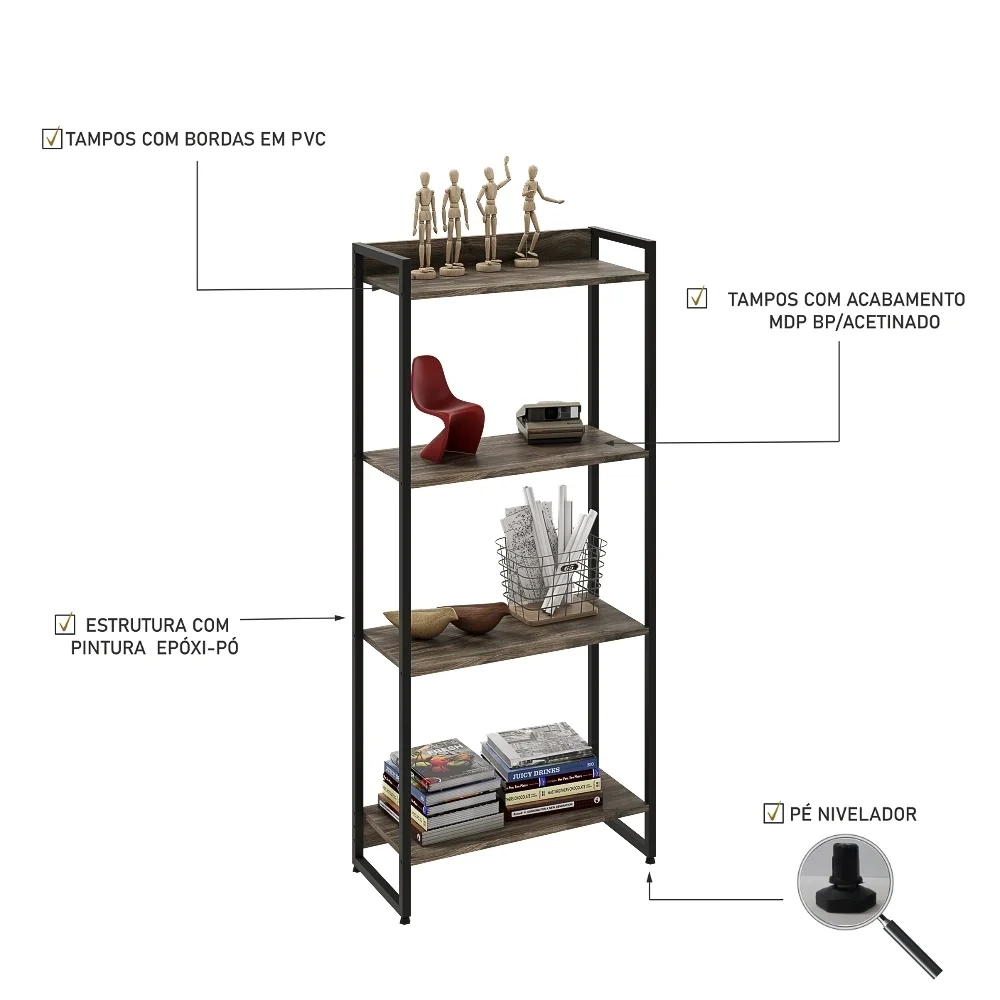 Estante Livreiro Dynamica Industrial 60cm 4 Prateleiras C08 Carvalho Dark - Mpozenato