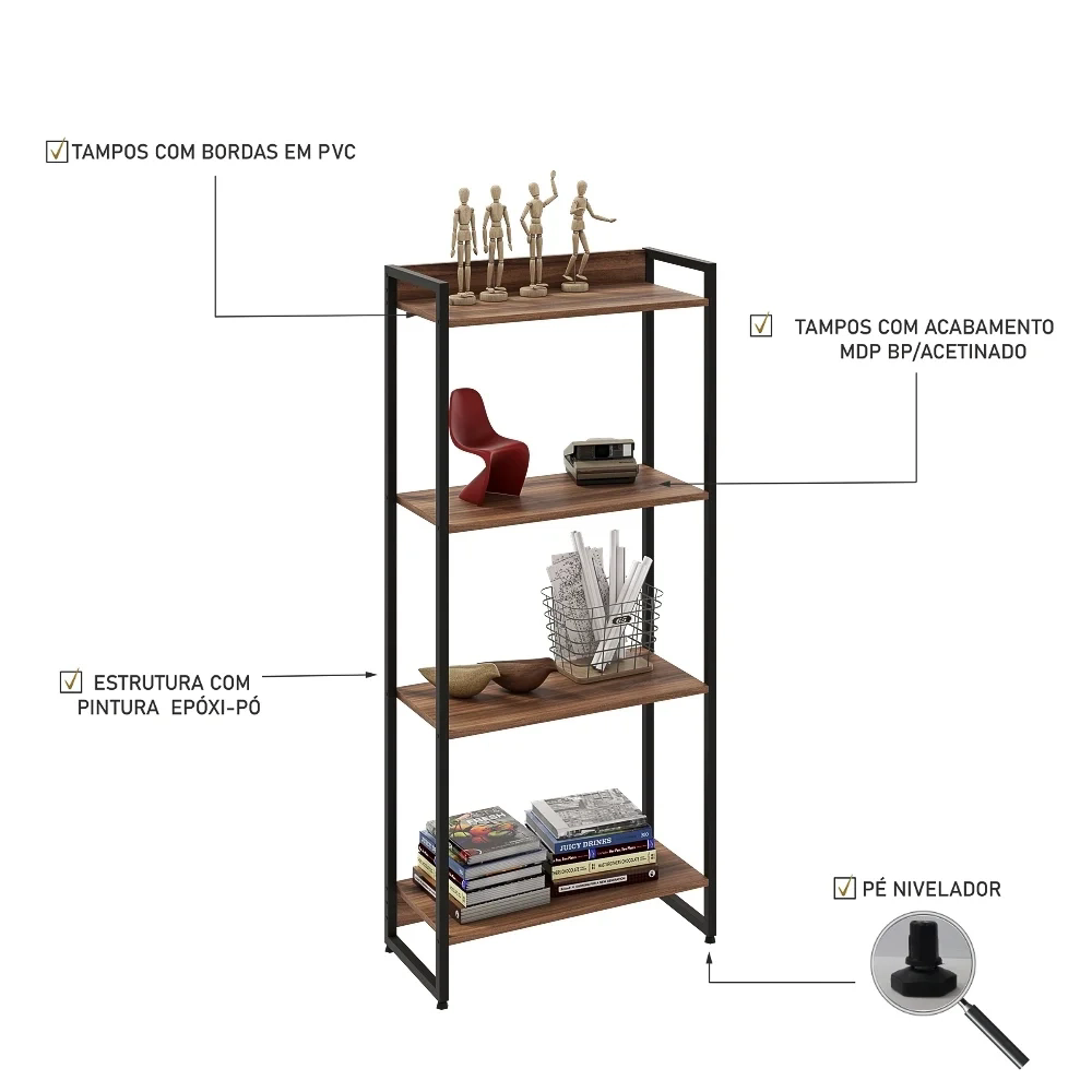 Estante Livreiro Dynamica Industrial 60cm 4 Prateleiras C08 Nogal - Mpozenato