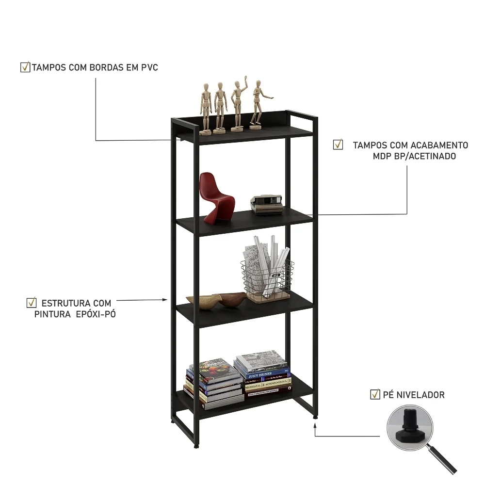 Estante Livreiro Dynamica Industrial 60cm 4 Prateleiras C08 Preto Ônix - Mpozenato