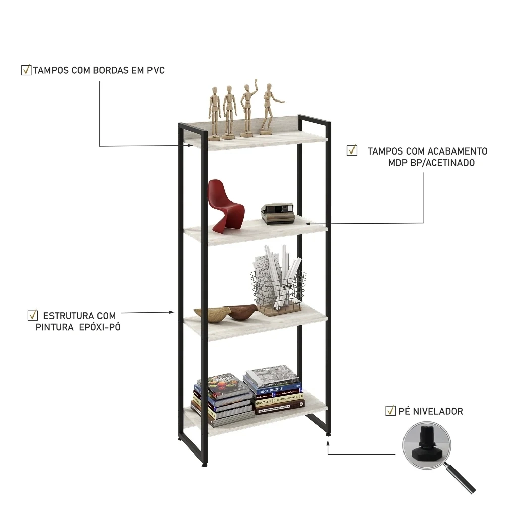 Estante Livreiro Dynamica Industrial 60cm 4 Prateleiras C08 Snow - Mpozenato