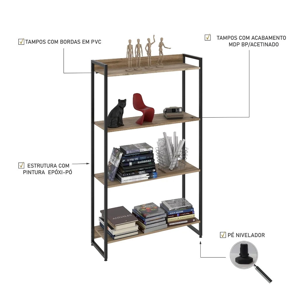 Estante Livreiro Dynamica Industrial 80cm 4 Prateleiras C08 Carvalho - Mpozenato