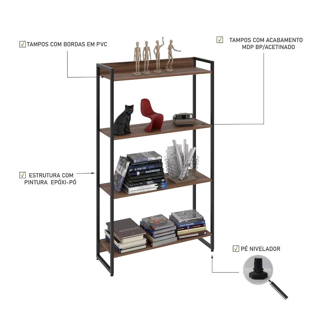 Estante Livreiro Dynamica Industrial 80cm 4 Prateleiras C08 Nogal - Mpozenato