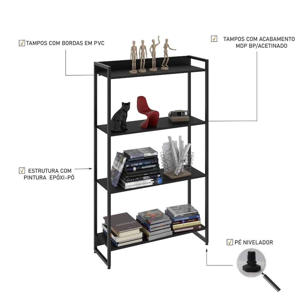 Estante Livreiro Dynamica Industrial 80cm 4 Prateleiras C08 Preto Ônix - Mpozenato