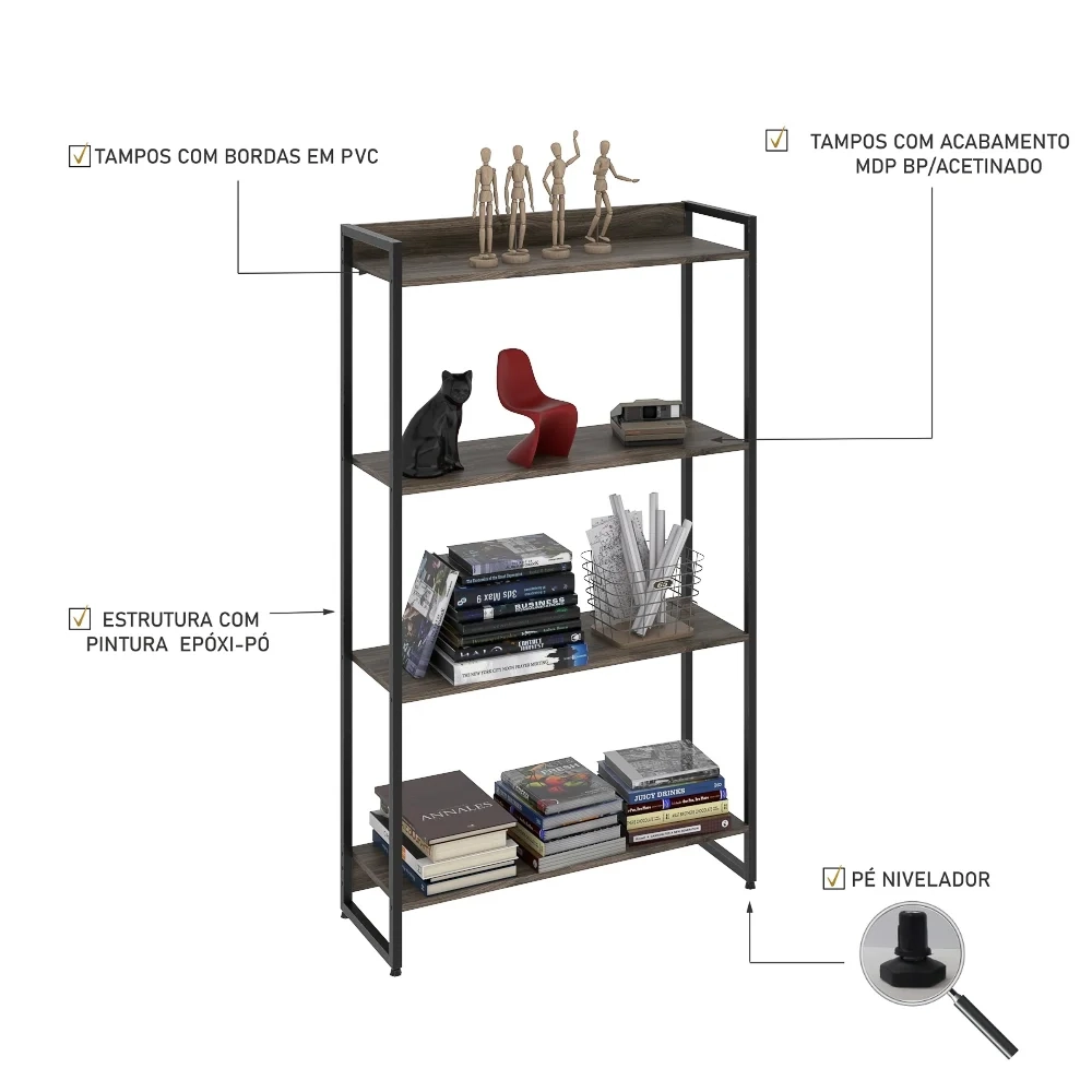 Estante Livreiro Dynamica Industrial 80cm 4 Prateleiras C08 Carvalho Dark - Mpozenato