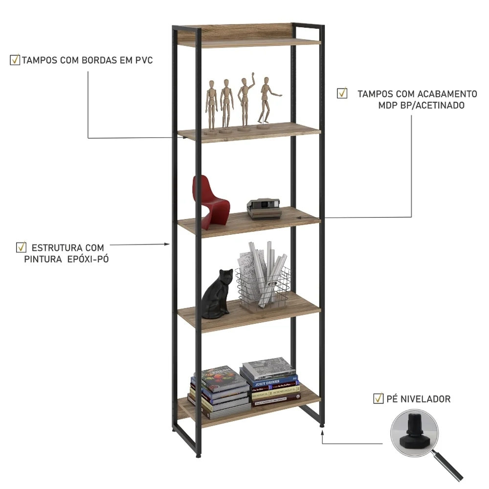 Estante Livreiro Dynamica Industrial 60cm 5 Prateleiras C08 Carvalho - Mpozenato