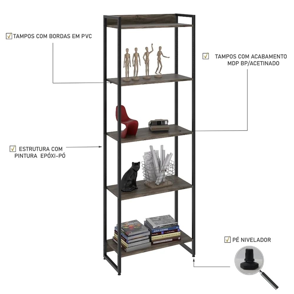Estante Livreiro Dynamica Industrial 60cm 5 Prateleiras C08 Carvalho Dark - Mpozenato
