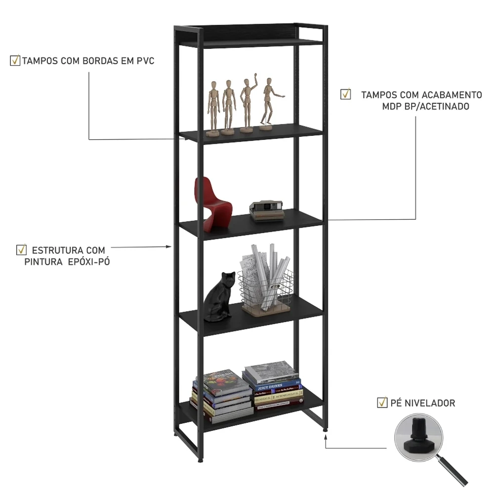 Estante Livreiro Dynamica Industrial 60cm 5 Prateleiras C08 Preto Ônix - Mpozenato