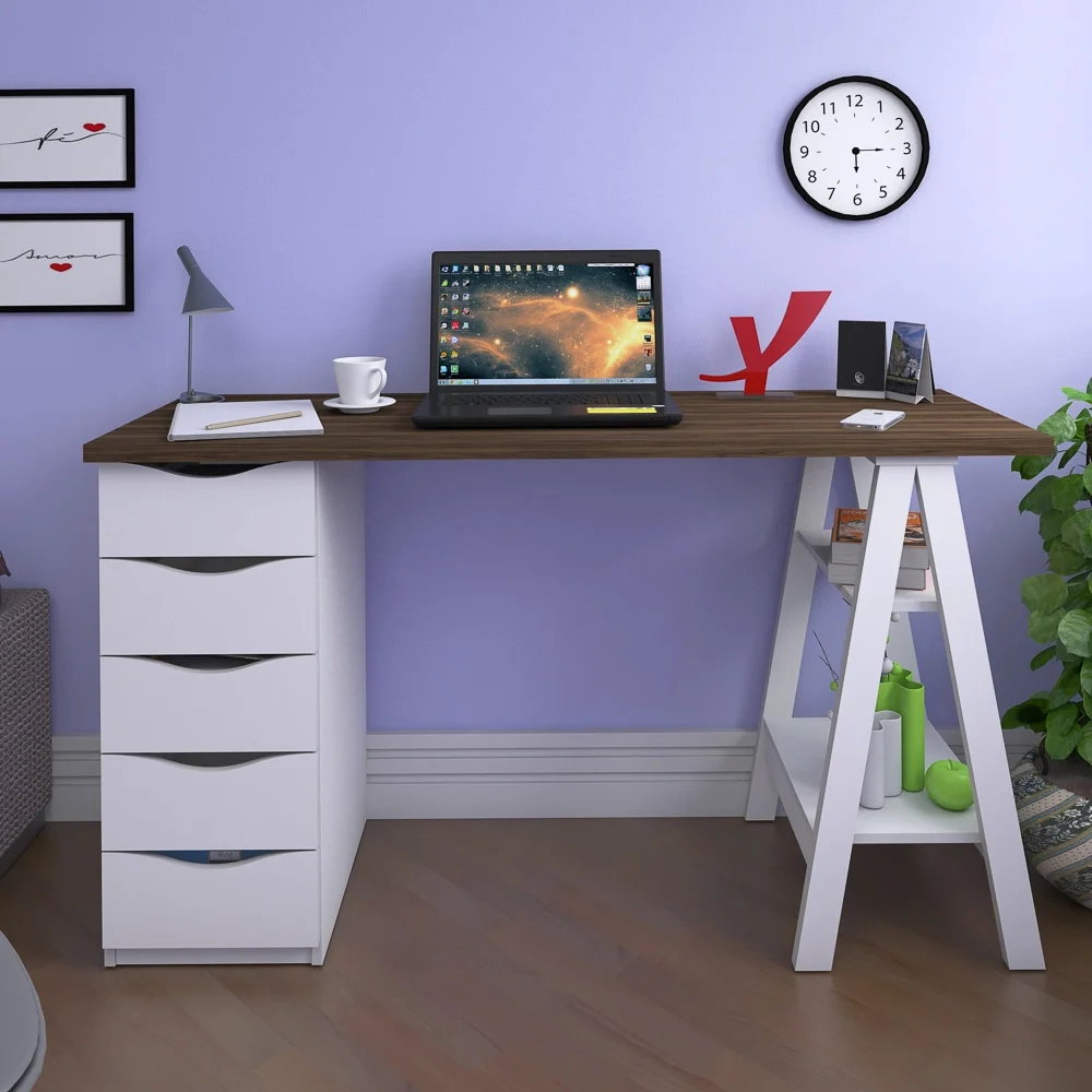 Escrivaninha Cavalete 5 Gavetas Mobile Spirit Branco/Nogal - Artany