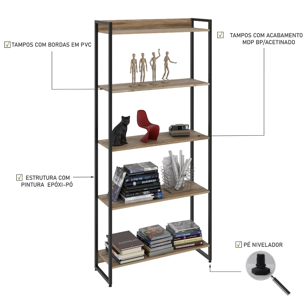 Estante Livreiro Dynamica Industrial 80cm 5 Prateleiras C08 Carvalho - Mpozenato