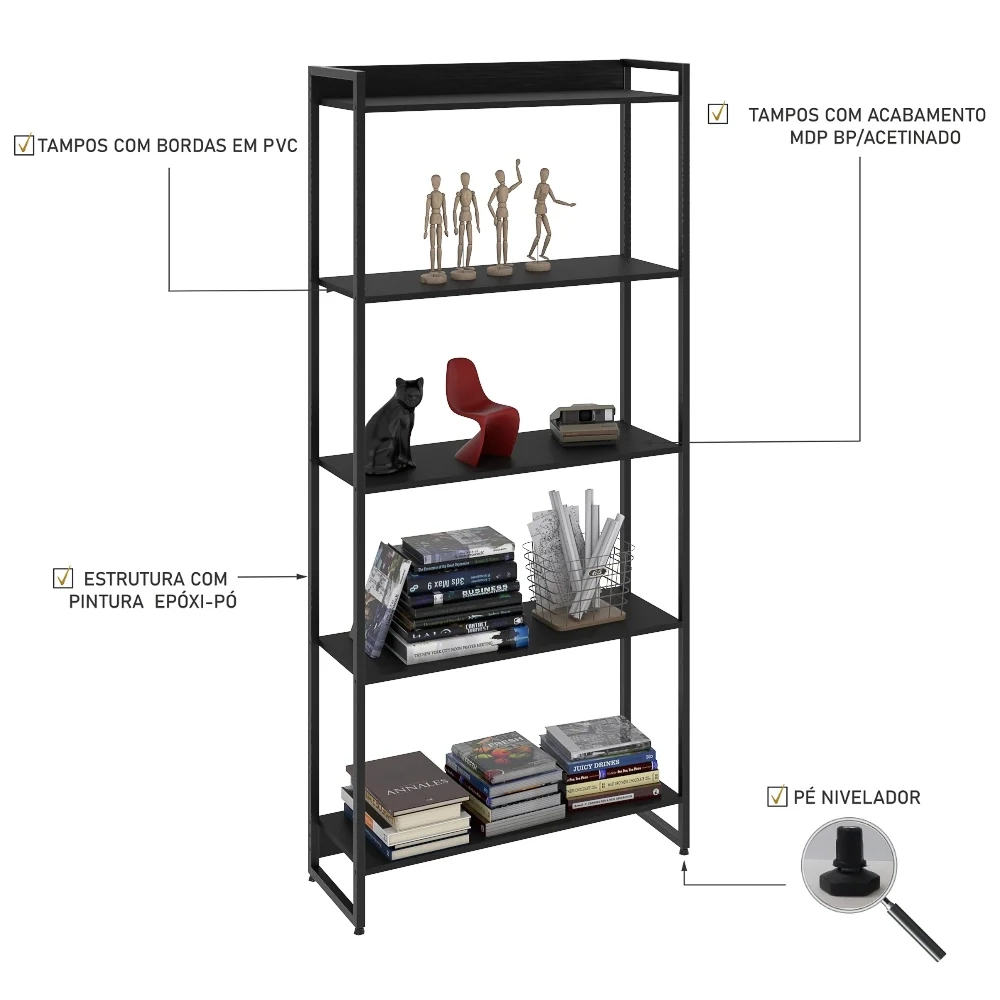 Estante Livreiro Dynamica Industrial 80cm 5 Prateleiras C08 Preto Ônix - Mpozenato