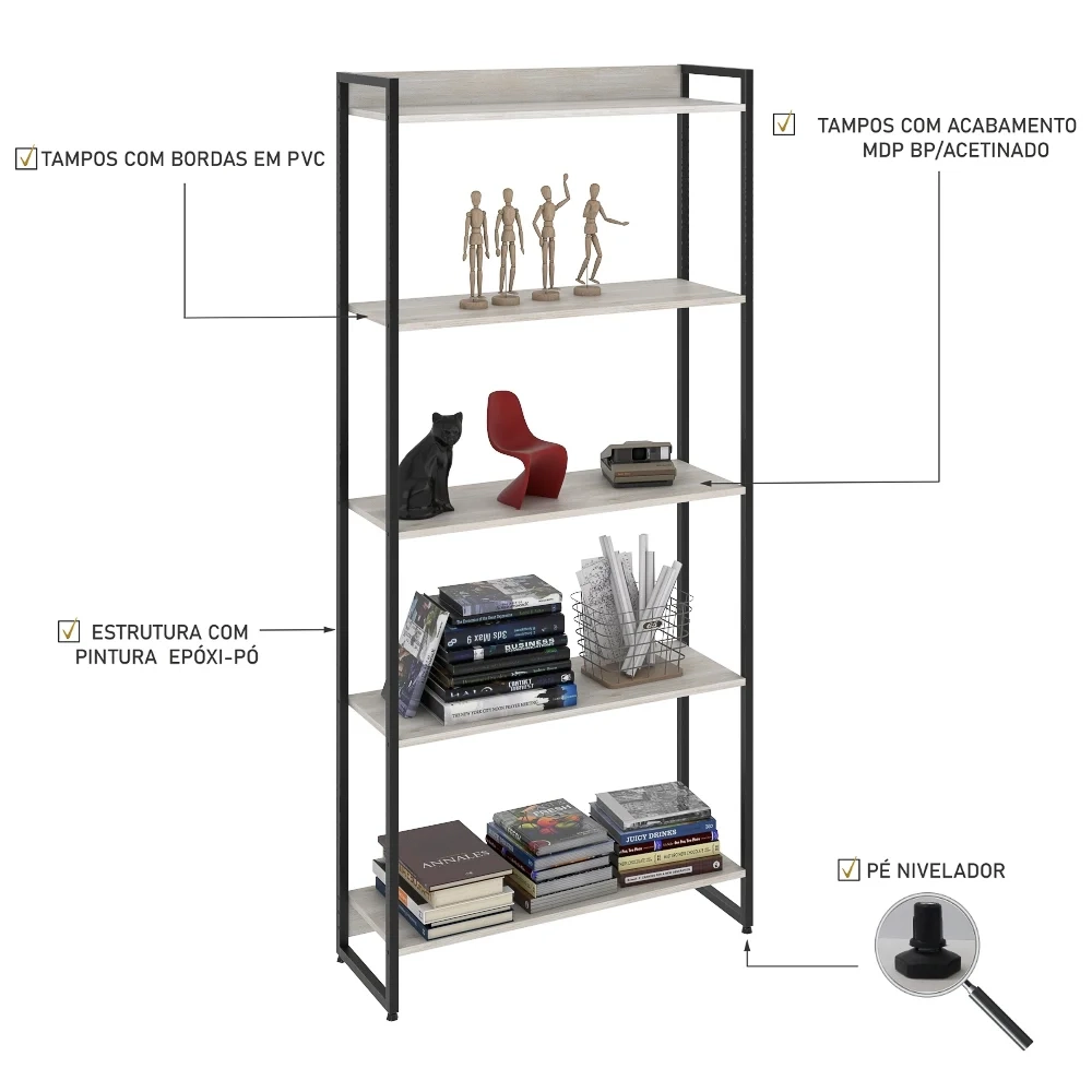 Estante Livreiro Dynamica Industrial 80cm 5 Prateleiras C08 Snow - Mpozenato