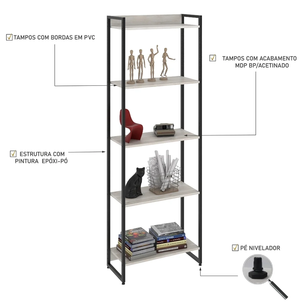 Estante Livreiro Dynamica Industrial 60cm 5 Prateleiras C08 Snow - Mpozenato