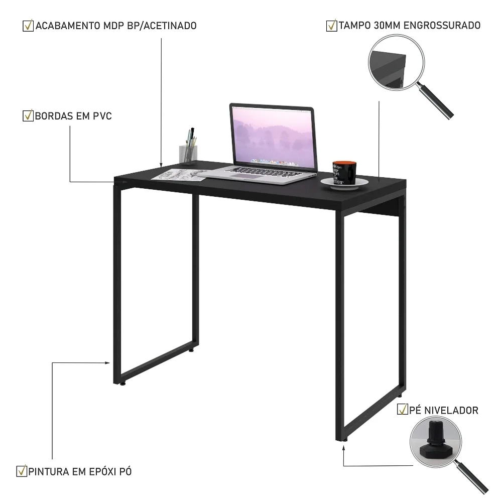 Mesa de Escritório Escrivaninha 90cm Dynamica Industrial C08 Preto Ônix - Mpozenato