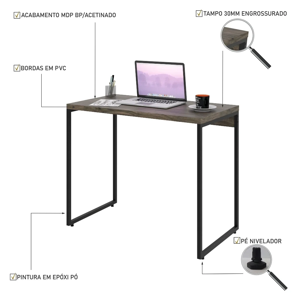 Mesa de Escritório Escrivaninha 90cm Dynamica Industrial C08 Carvalho Dark - Mpozenato