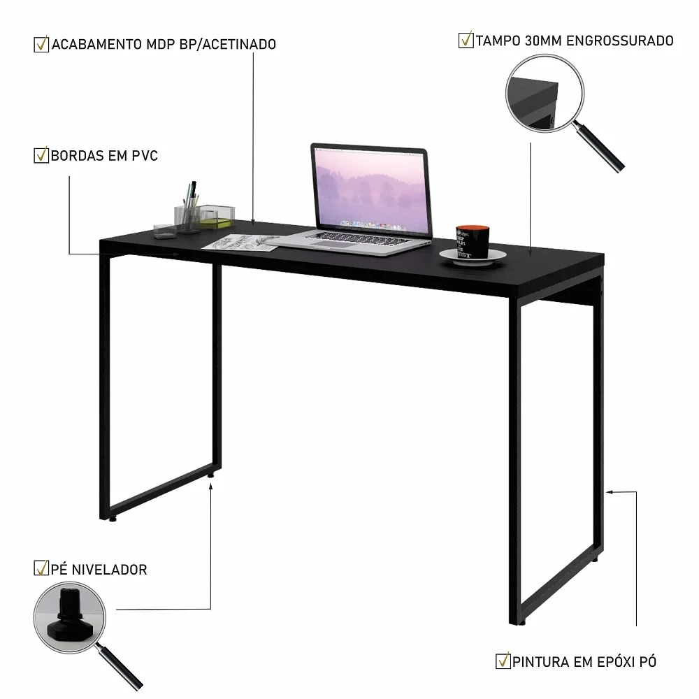 Mesa de Escritório Escrivaninha 120cm Dynamica Industrial C08 Preto Ônix - Mpozenato