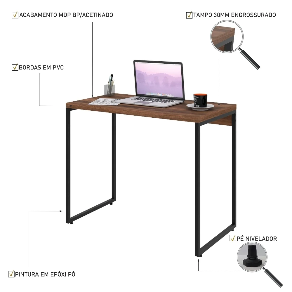 Mesa de Escritório Escrivaninha 90cm Dynamica Industrial C08 Nogal - Mpozenato