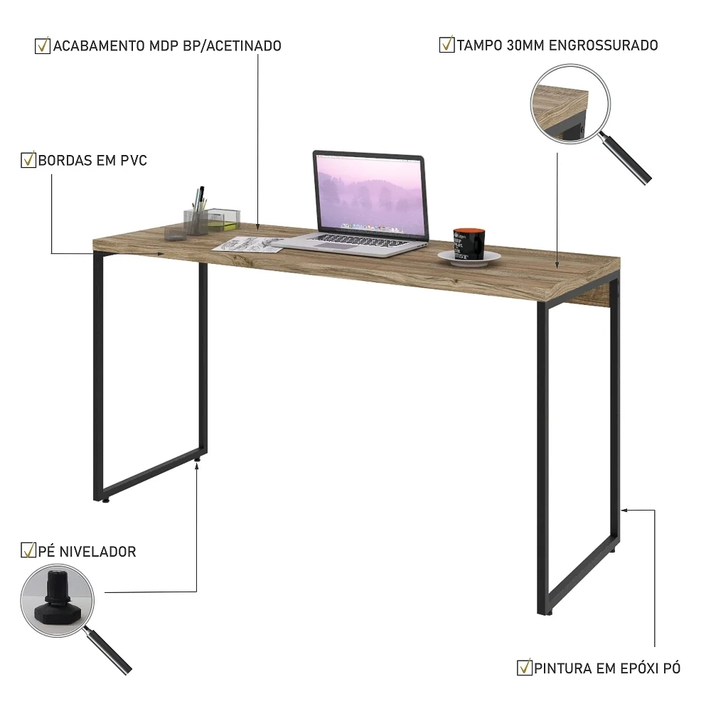 Mesa de Escritório Escrivaninha 135cm Dynamica Industrial C08 Carvalho - Mpozenato
