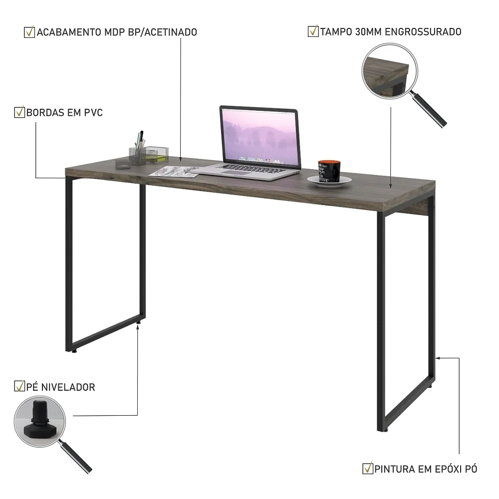 Mesa de Escritório Escrivaninha 135cm Dynamica Industrial C08 Carvalho Dark - Mpozenato