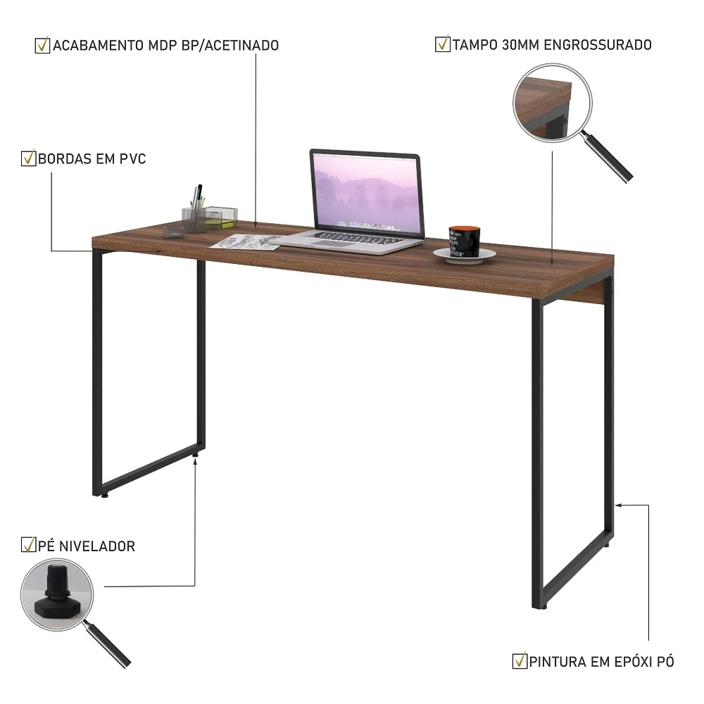 Mesa de Escritório Escrivaninha 135cm Dynamica Industrial C08 Nogal - Mpozenato