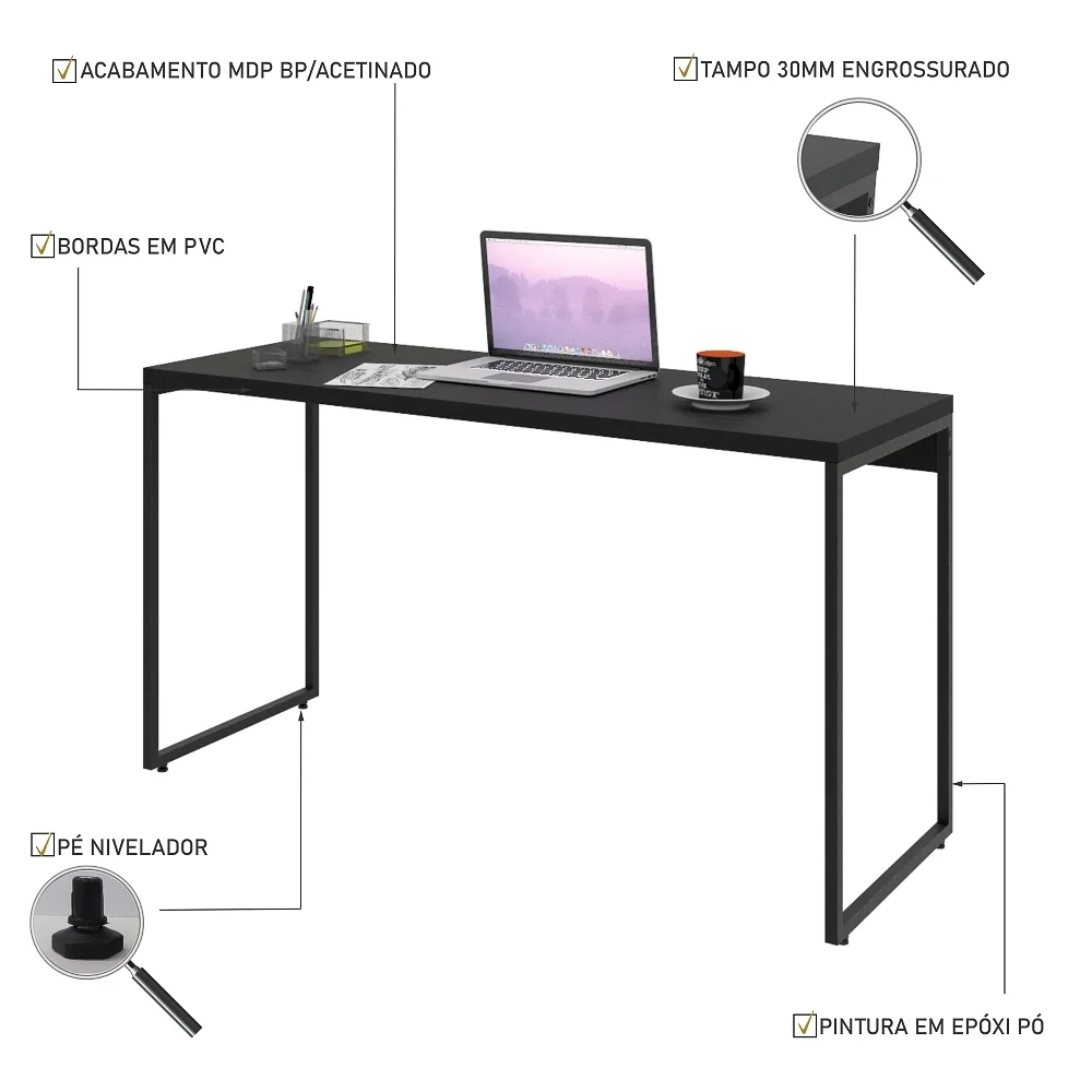 Mesa de Escritório Escrivaninha 135cm Dynamica Industrial C08 Preto Ônix - Mpozenato