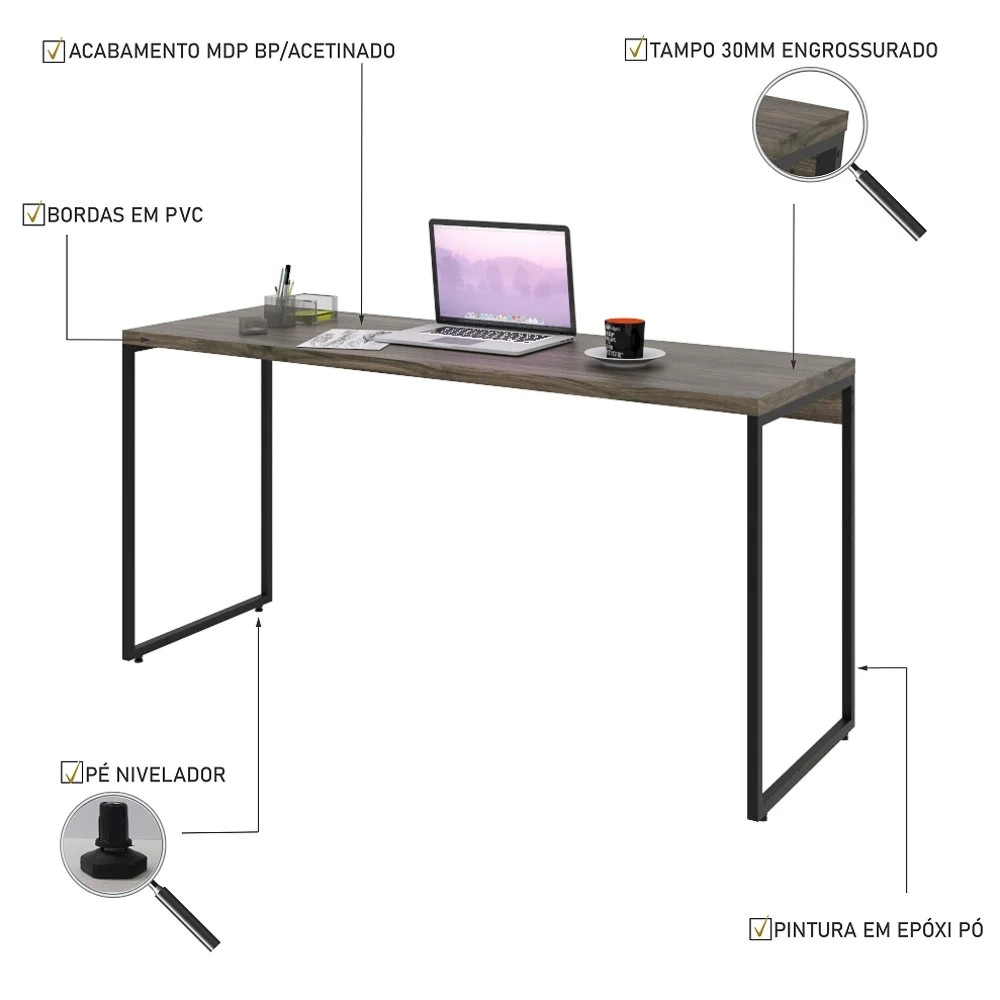 Mesa de Escritório Escrivaninha 150cm Dynamica Industrial C08 Carvalho Dark - Mpozenato