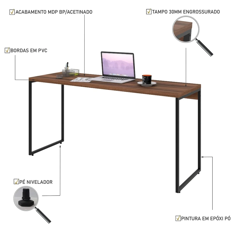 Mesa de Escritório Escrivaninha 150cm Dynamica Industrial C08 Nogal - Mpozenato