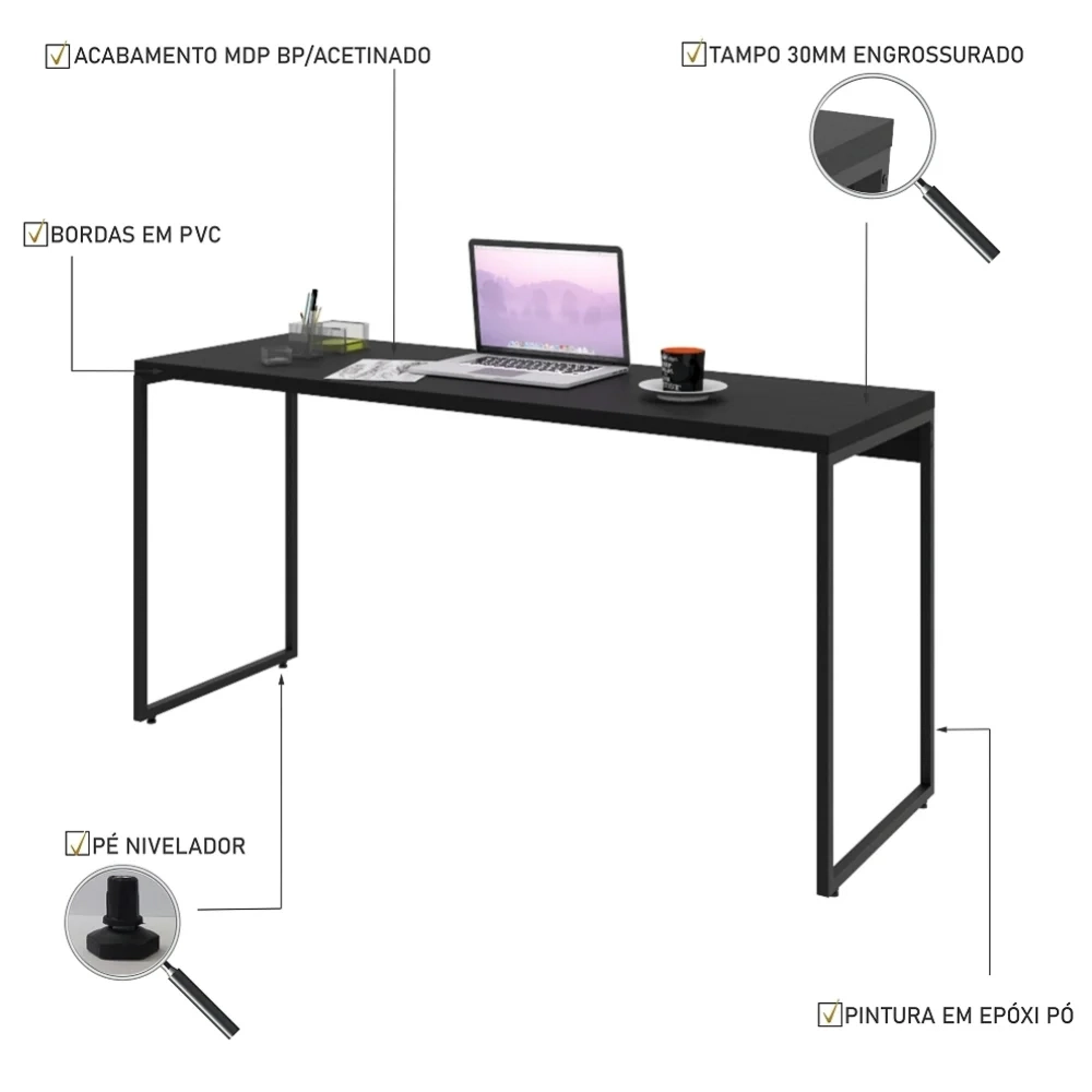 Mesa de Escritório Escrivaninha 150cm Dynamica Industrial C08 Preto Ônix - Mpozenato