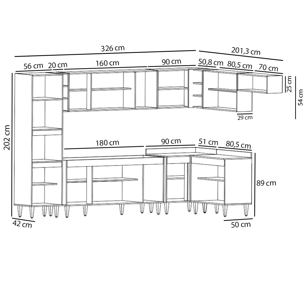 Armário de Cozinha Modulada de Canto 9 Peças CP04 Balcão Castanho/Preto - Lumil