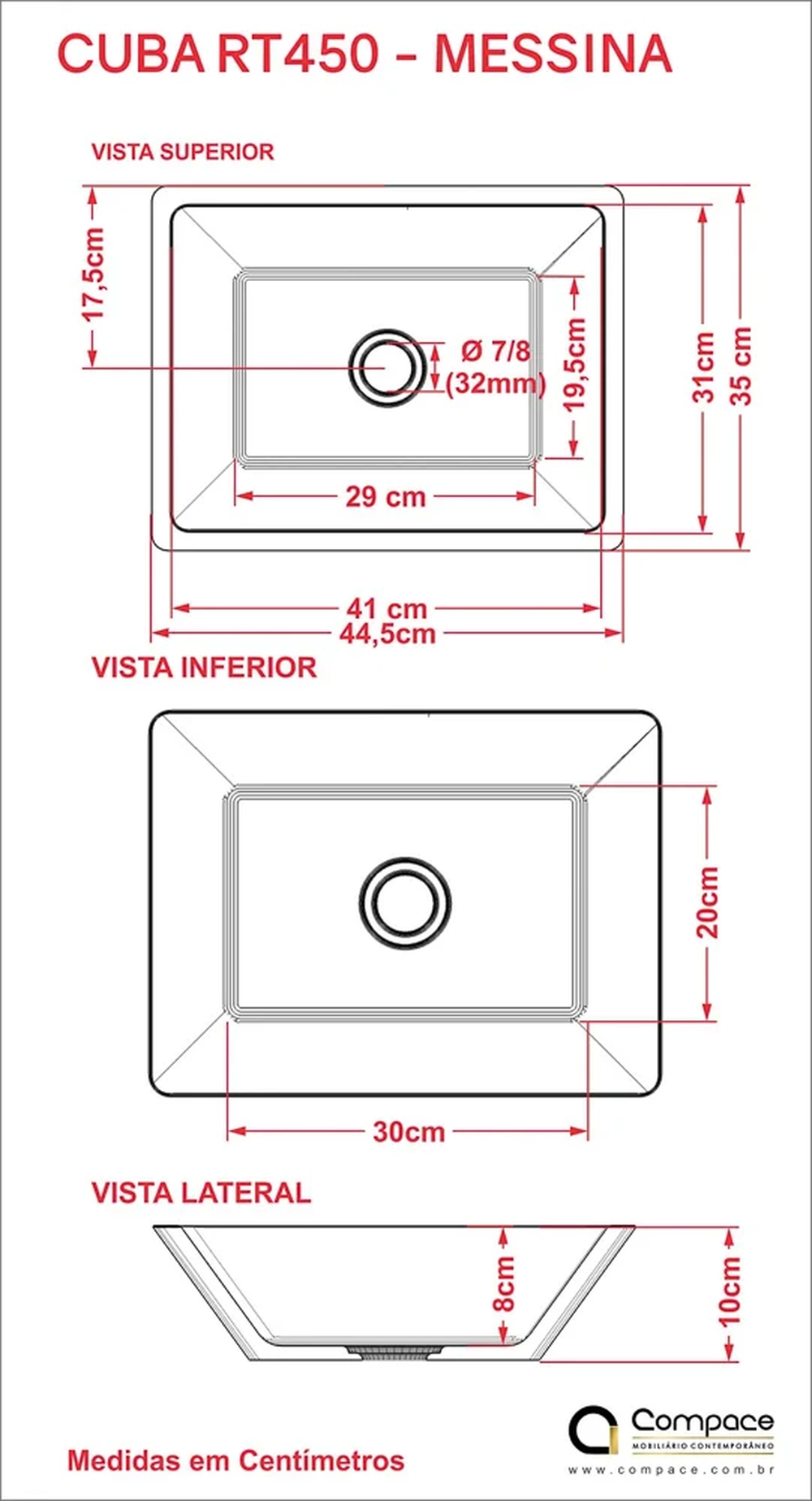 Cuba Pia De Apoio Para Banheiro Retangular Messina RT45 Amarelo C08 - Mpozenato