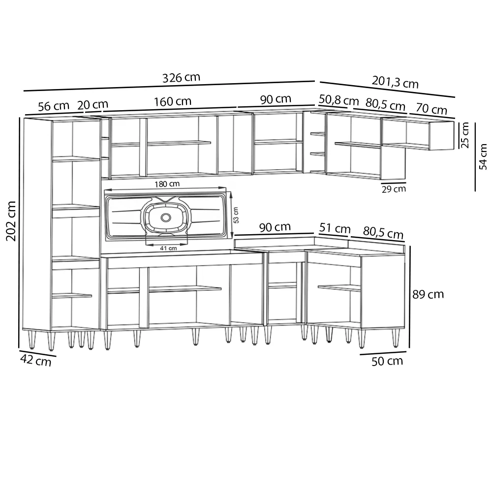 Armário de Cozinha Modulada de Canto 9 Peças CP06 Balcão com Pia Inox Preto/Cinza - Lumil