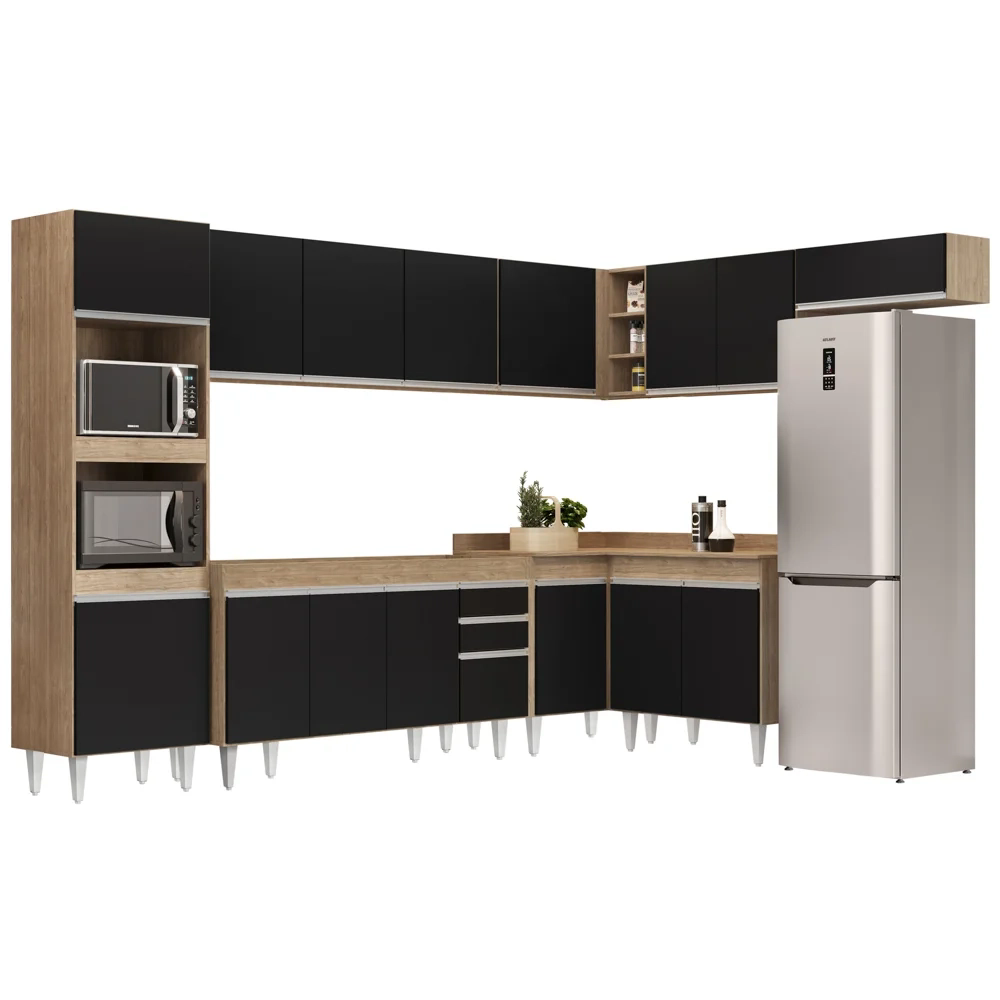 Armário de Cozinha Modulada de Canto 8 Peças CP07 Balcão Castanho/Preto - Lumil