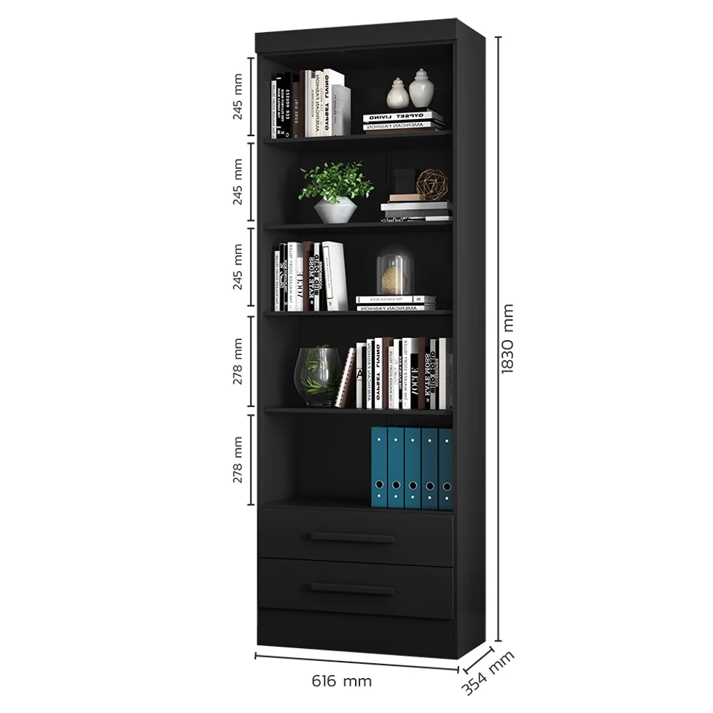 Estante Livreiro 2 Gavetas e 5 Prateleiras Fancy Q01 Preto Fosco - Mpozenato
