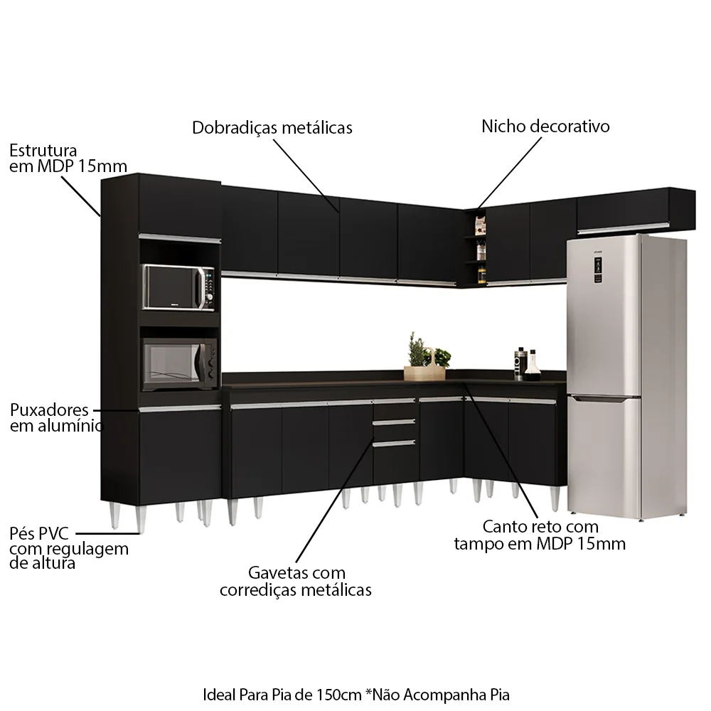 Armário de Cozinha Modulada de Canto 8 Peças CP08 Balcão com Tampo Preto - Lumil