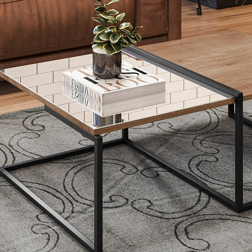 Mesa de Centro com Espelho Pés Metálicos Estilo Industrial Loft D09 Demolição/Preto - Mpozenato