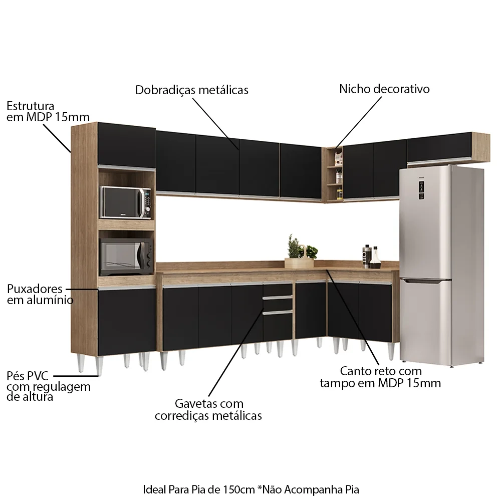 Armário de Cozinha Modulada de Canto 8 Peças CP08 Balcão com Tampo Castanho/Preto - Lumil