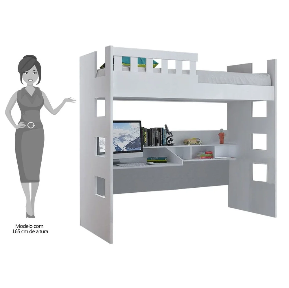 Cama Alta com Escrivaninha Escada Bilateral Faces F04 Branco - Mpozenato