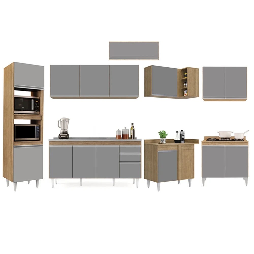 Armário de Cozinha Modulada de Canto 8 Peças CP09 Balcão com Pia Inox Castanho/Cinza - Lumil