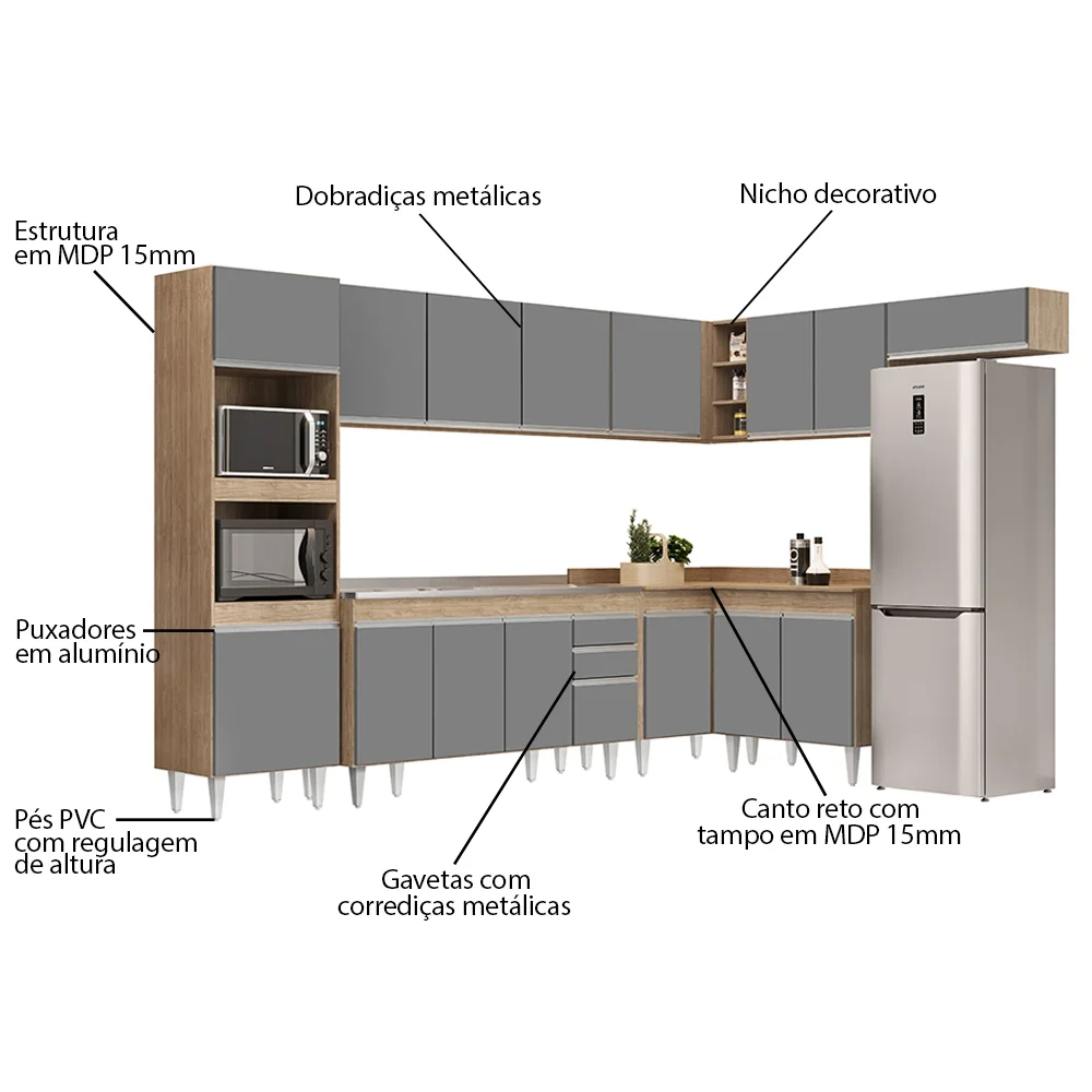 Armário de Cozinha Modulada de Canto 8 Peças CP09 Balcão com Pia Inox Castanho/Cinza - Lumil