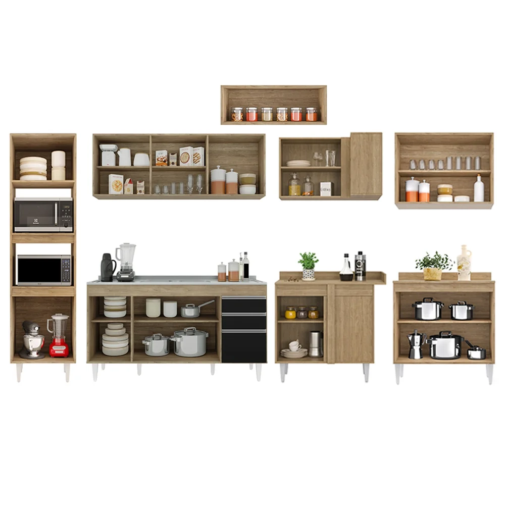 Armário de Cozinha Modulada de Canto 8 Peças CP09 Balcão com Pia Inox Castanho/Preto - Lumil