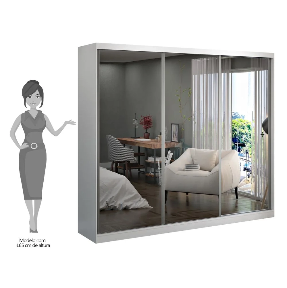 Guarda Roupa Casal 264cm 3 Portas de Correr 3 Espelhos Winter F04 Branco - Mpozenato