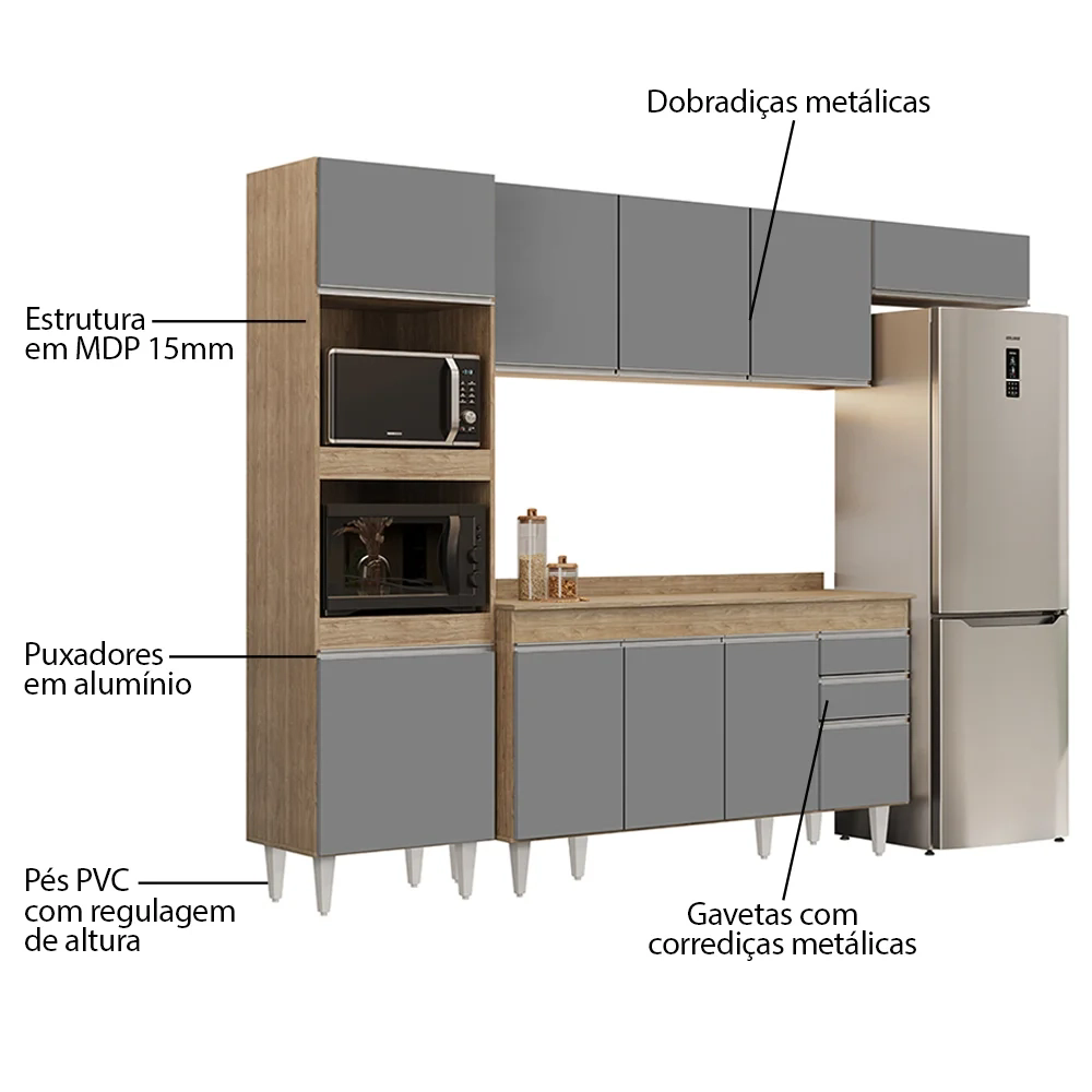 Armário de Cozinha Modulada 4 Peças CP11 Balcão com Tampo Castanho/Cinza - Lumil