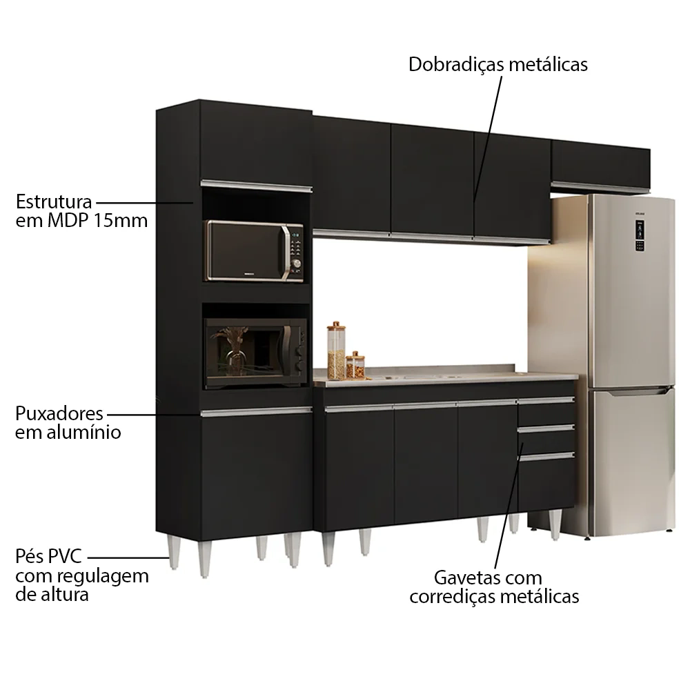 Armário de Cozinha Modulada 4 Peças CP12 Balcão com Pia Inox Preto - Lumil
